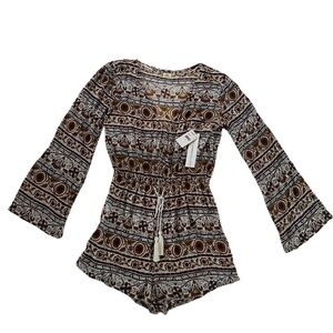 Oneill Printed Romper Bell Sleeves Wrap V Neck Adjustable Waist Tassels Size S